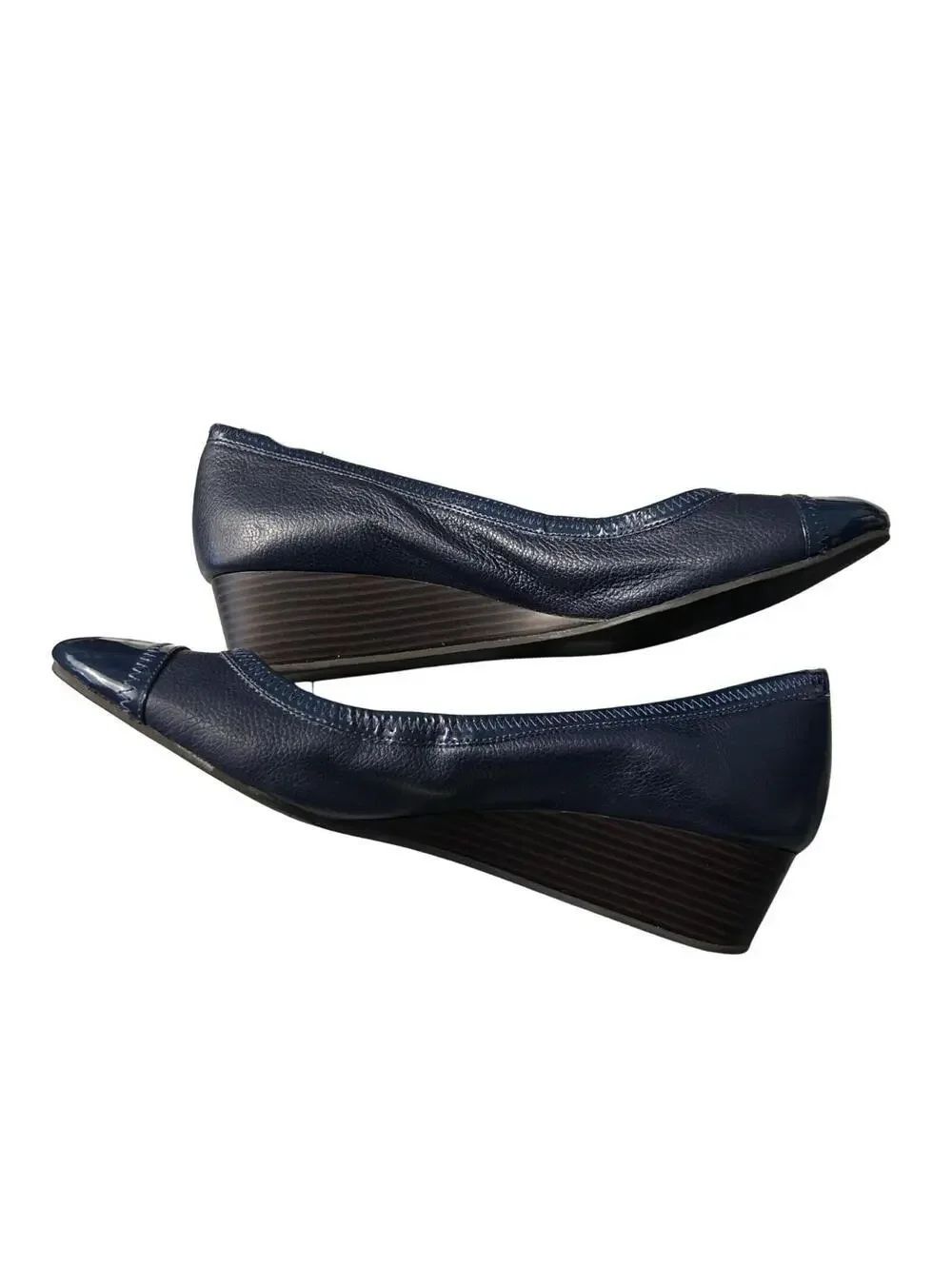 Cole Haan Navy Blue Leather Wedge Shoes with Patent Toe Cap